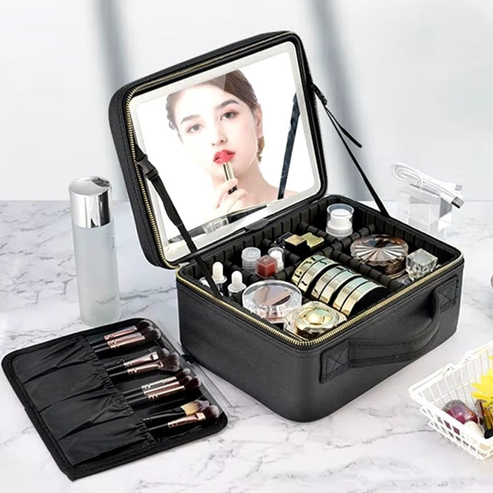 Smart LED Makeup Case with Mirror Large Capacity Travel Cosmetic Bag Image 1