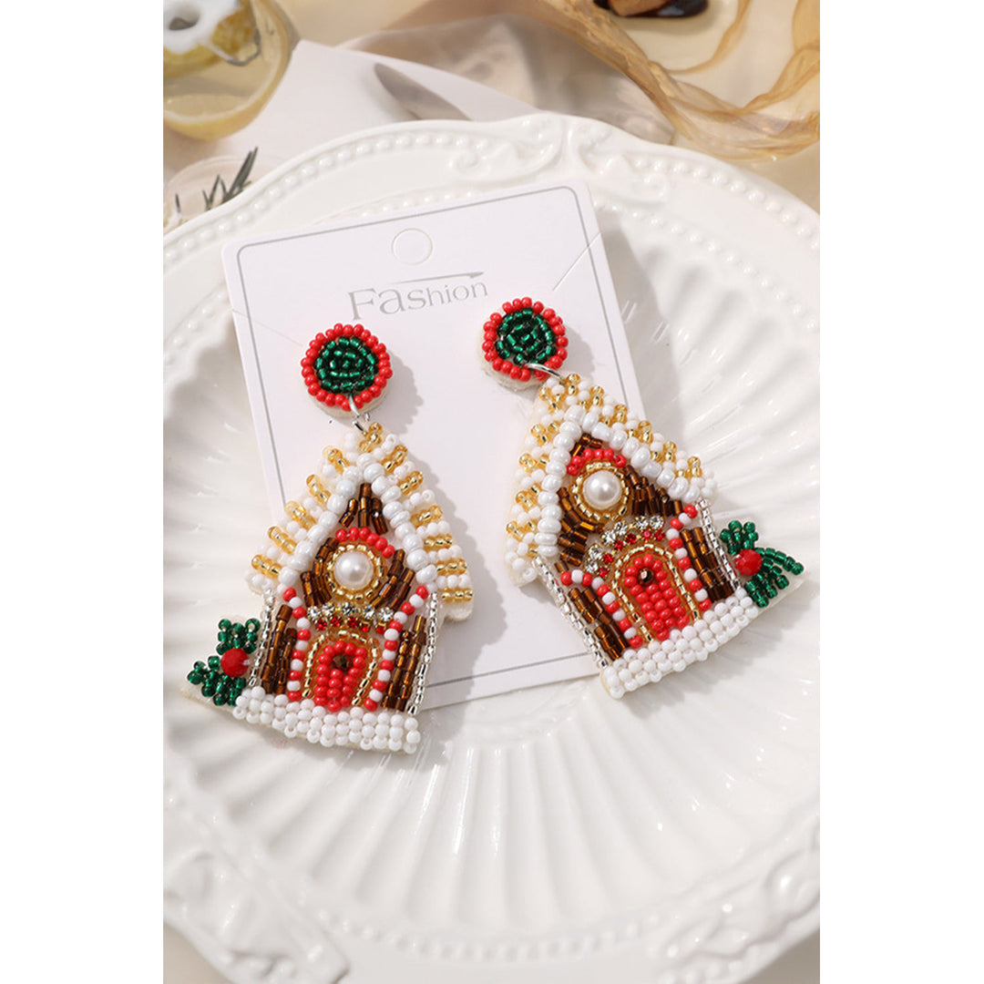 White Christmas Style House Beaded Stud Dangle Earrings Image 1