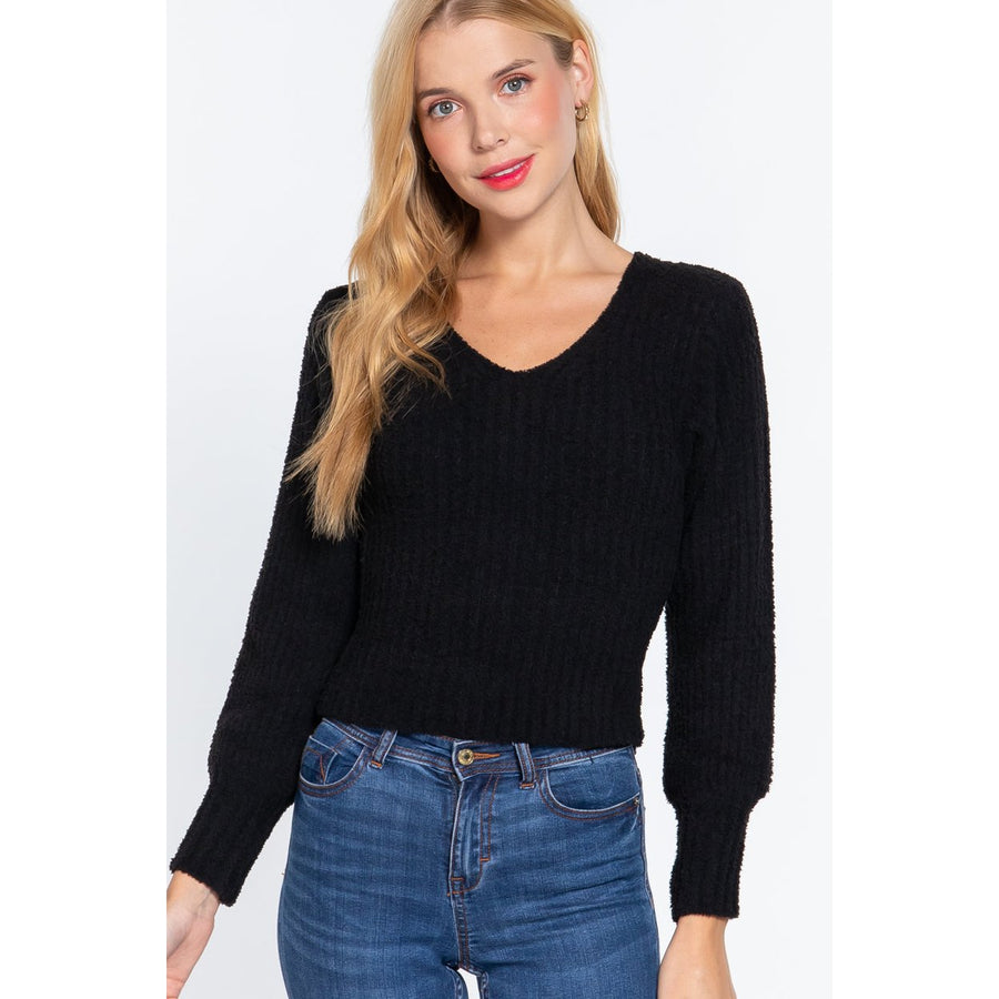 Long Puff Slv V-neck Rib Sweater Image 1