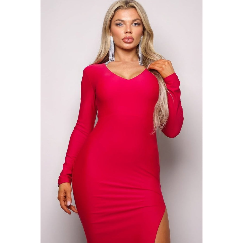 Long Sleeve V Neck Open Back Maxi Dress Image 2