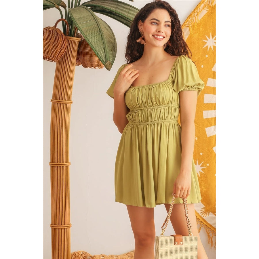 Light Green Woven Puff Short Sleeve Open Back Flare Mini Dress Image 1