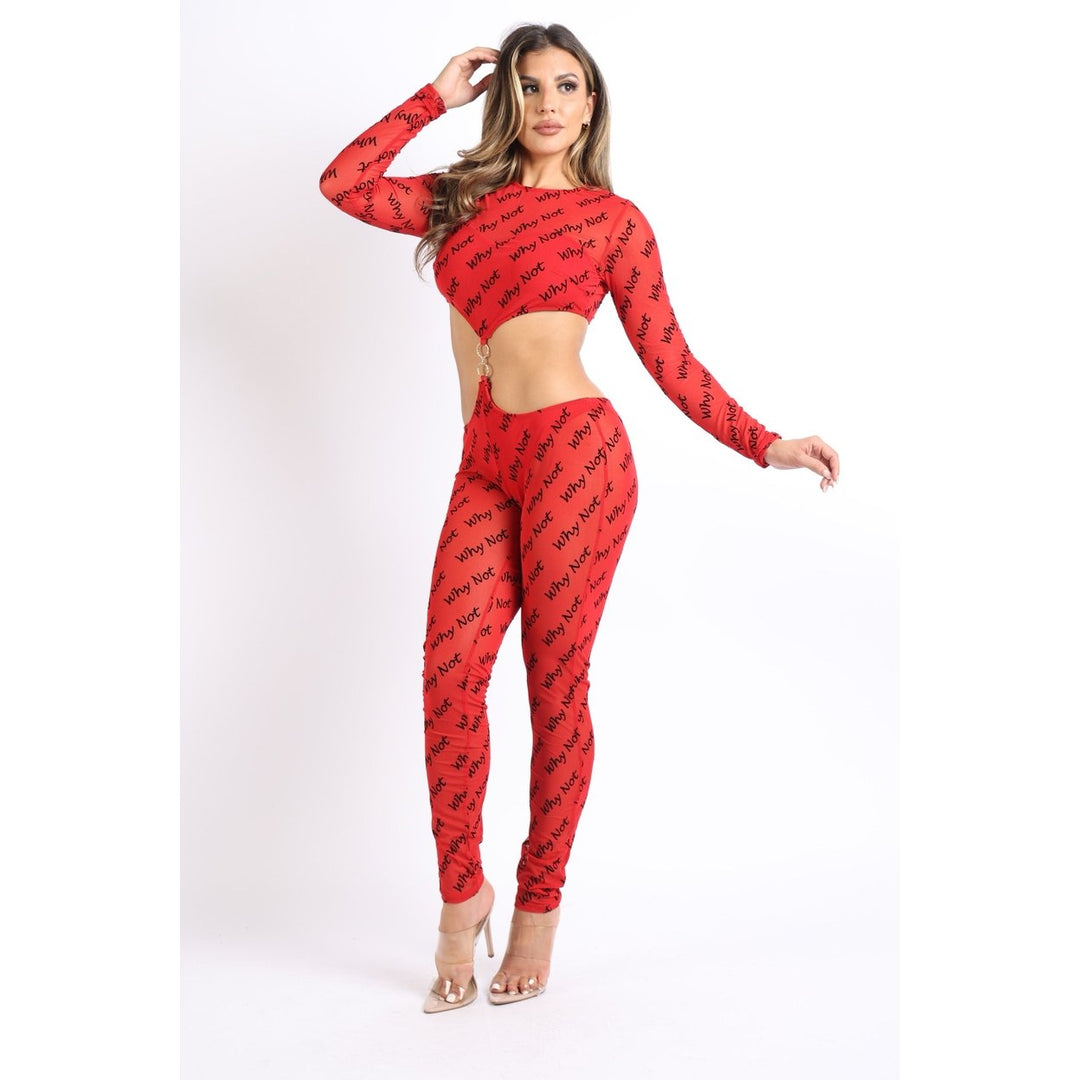 Lettering Printed Cutout Double O-Ring Mesh Sexy Jumpsuit RED Image 4