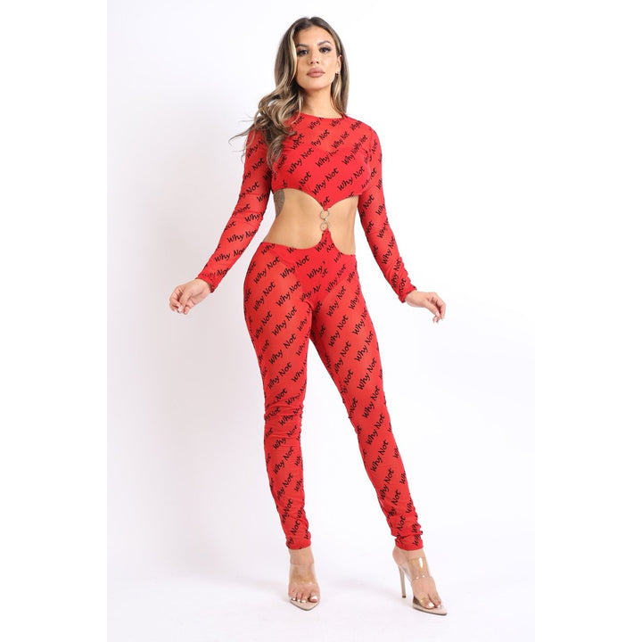 Lettering Printed Cutout Double O-Ring Mesh Sexy Jumpsuit RED Image 6