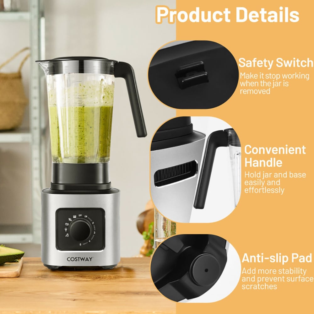 Hommoo 1500W 5-Speed Countertop Smoothie Blender with 5 Presets and 68oz Tritan Jar-Silver Image 2