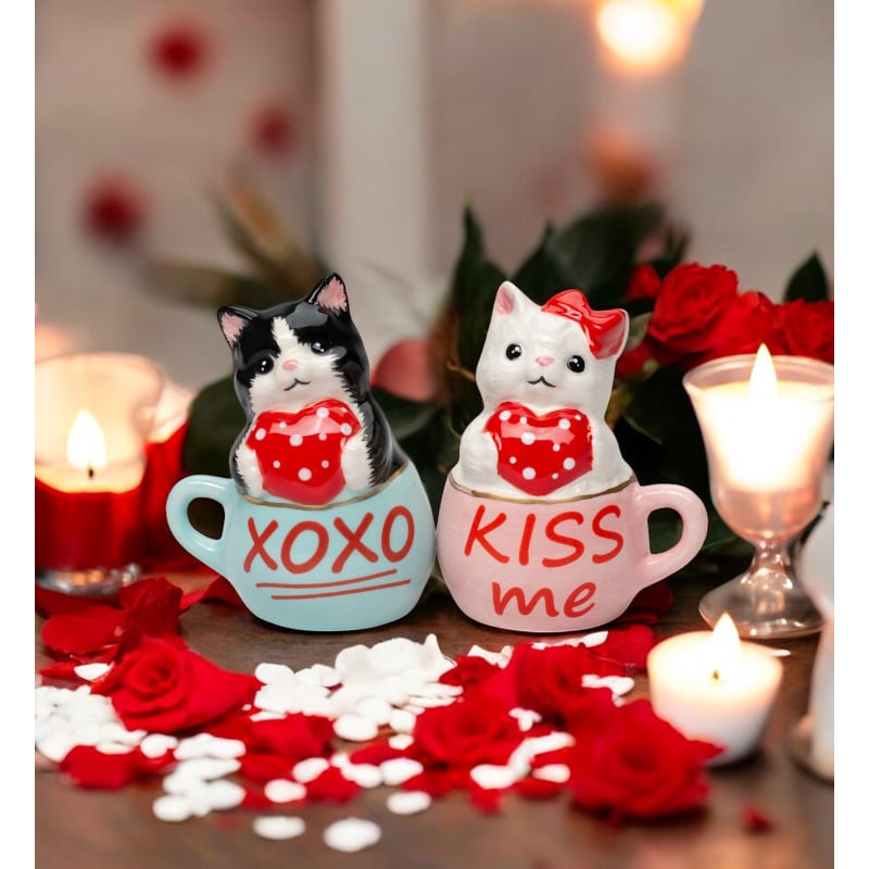 Ceramic Valentine Teacup Cat Salt and Pepper Shakers Cat Lovers Gift Valentines Day Decor Image 1