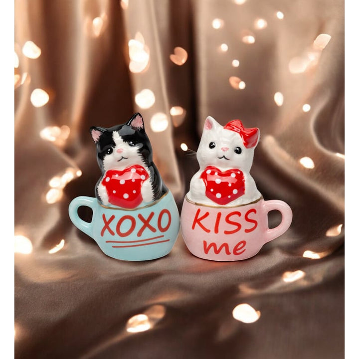 Ceramic Valentine Teacup Cat Salt and Pepper Shakers Cat Lovers Gift Valentines Day Decor Image 2