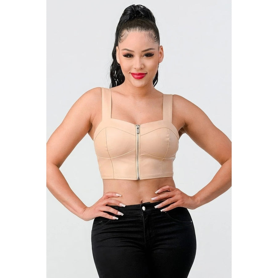 Lux Faux Leather Pu Zipup Strap Sleeveless Cropped Top Image 1