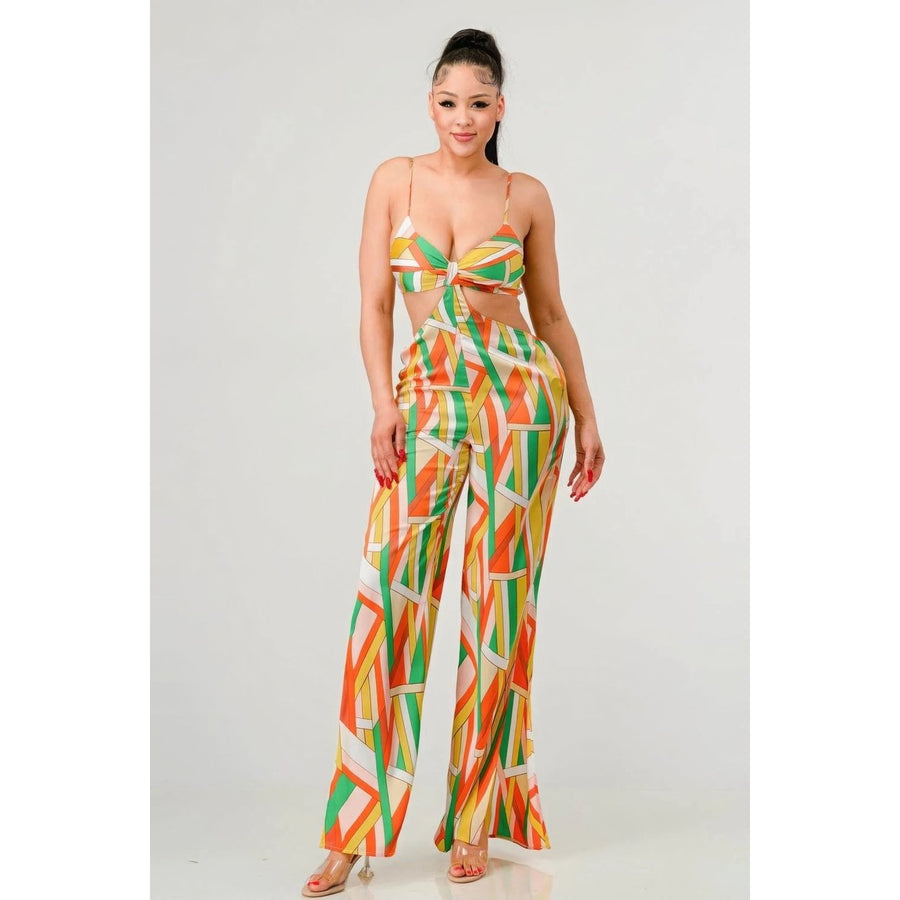 Luxe geo print satin bra top and palazzo jumpsuit Image 1