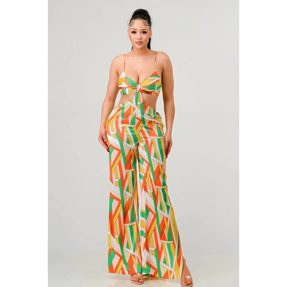 Luxe geo print satin bra top and palazzo jumpsuit Image 2