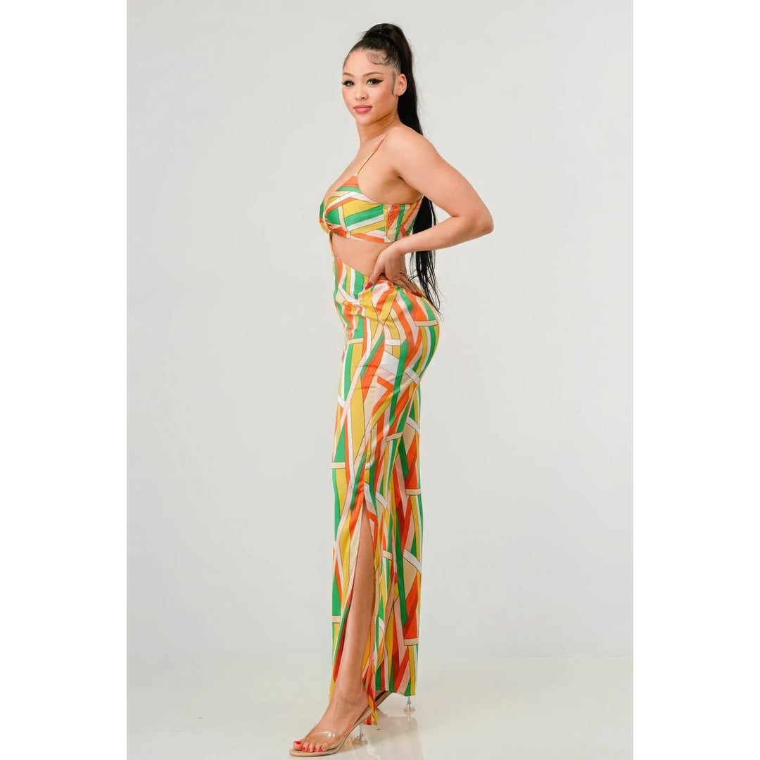 Luxe geo print satin bra top and palazzo jumpsuit Image 3