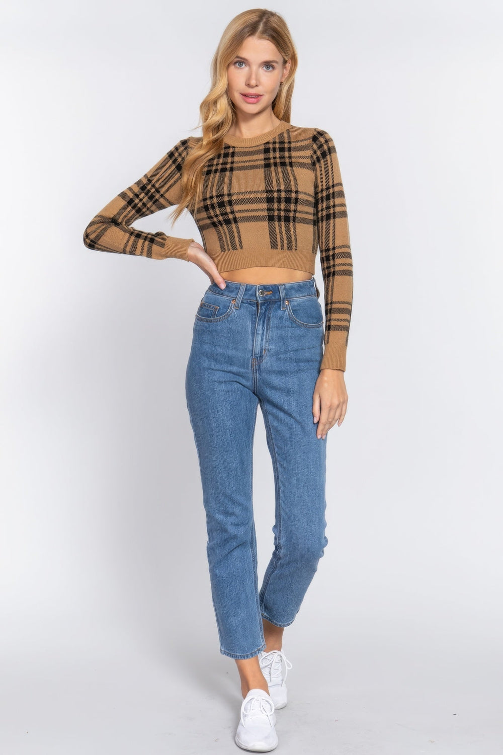 Long Slv Check Crop Sweater Image 2