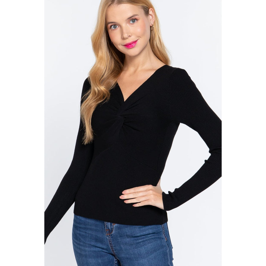 Long Slv V-neck Knotted Sweater Image 1