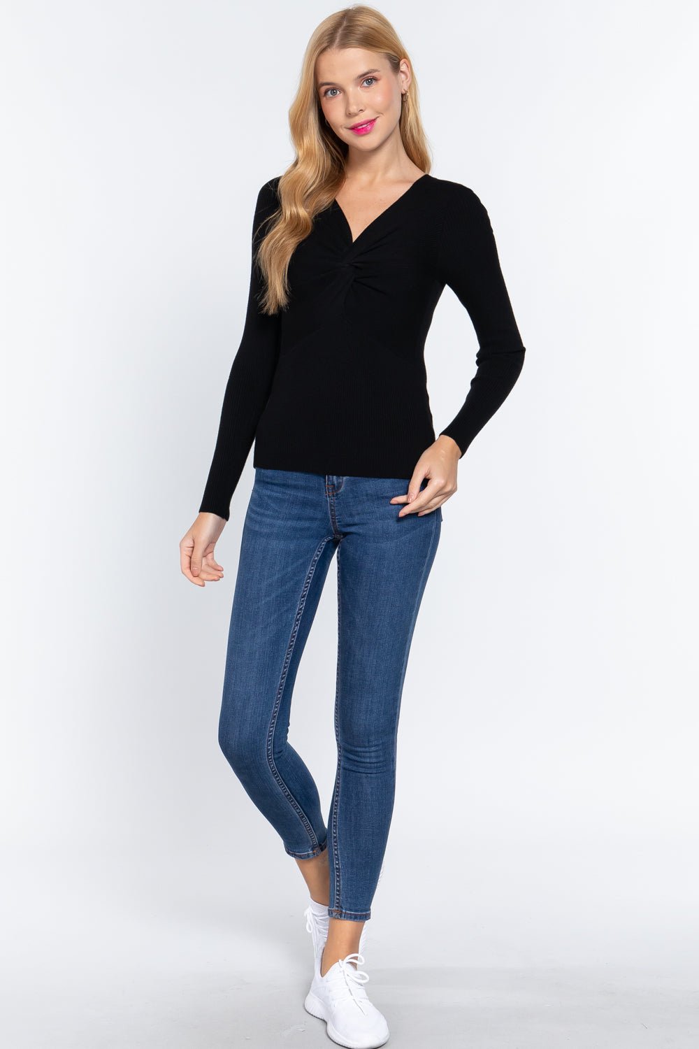 Long Slv V-neck Knotted Sweater Image 2