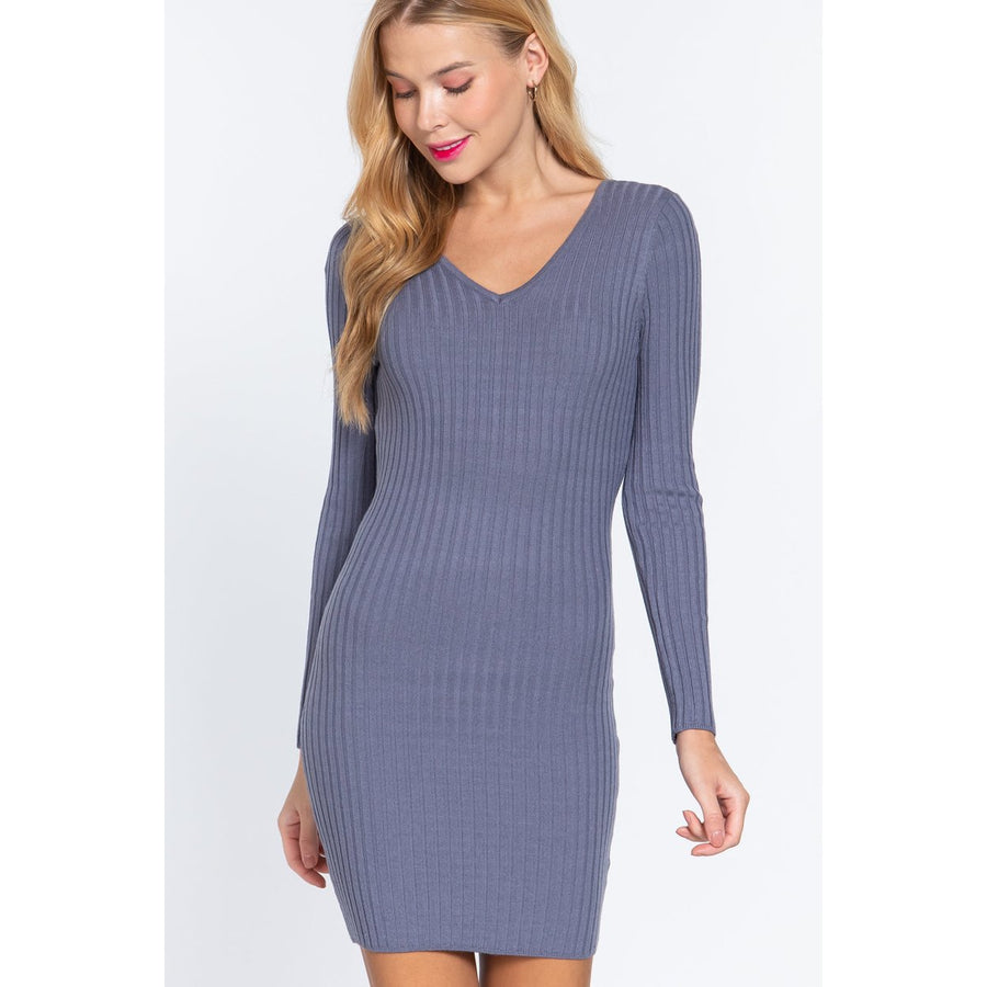 Long Slv V-neck Sweater Mini Dress Image 1