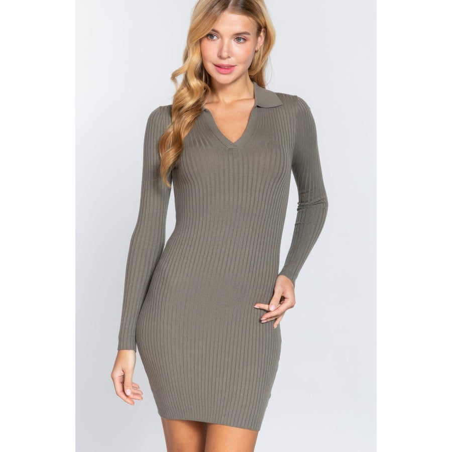 Long Slv V-neck Sweater Rib Mini Dress Image 1