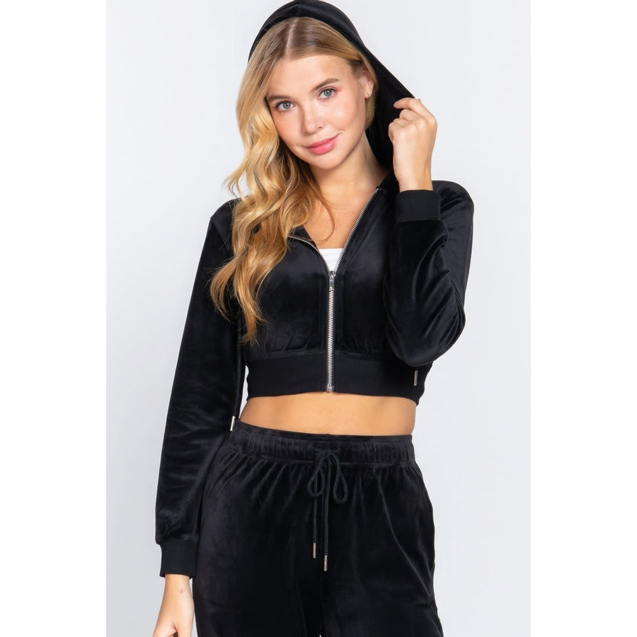 Long Slv Velour Hoodie Crop Jacket Image 1