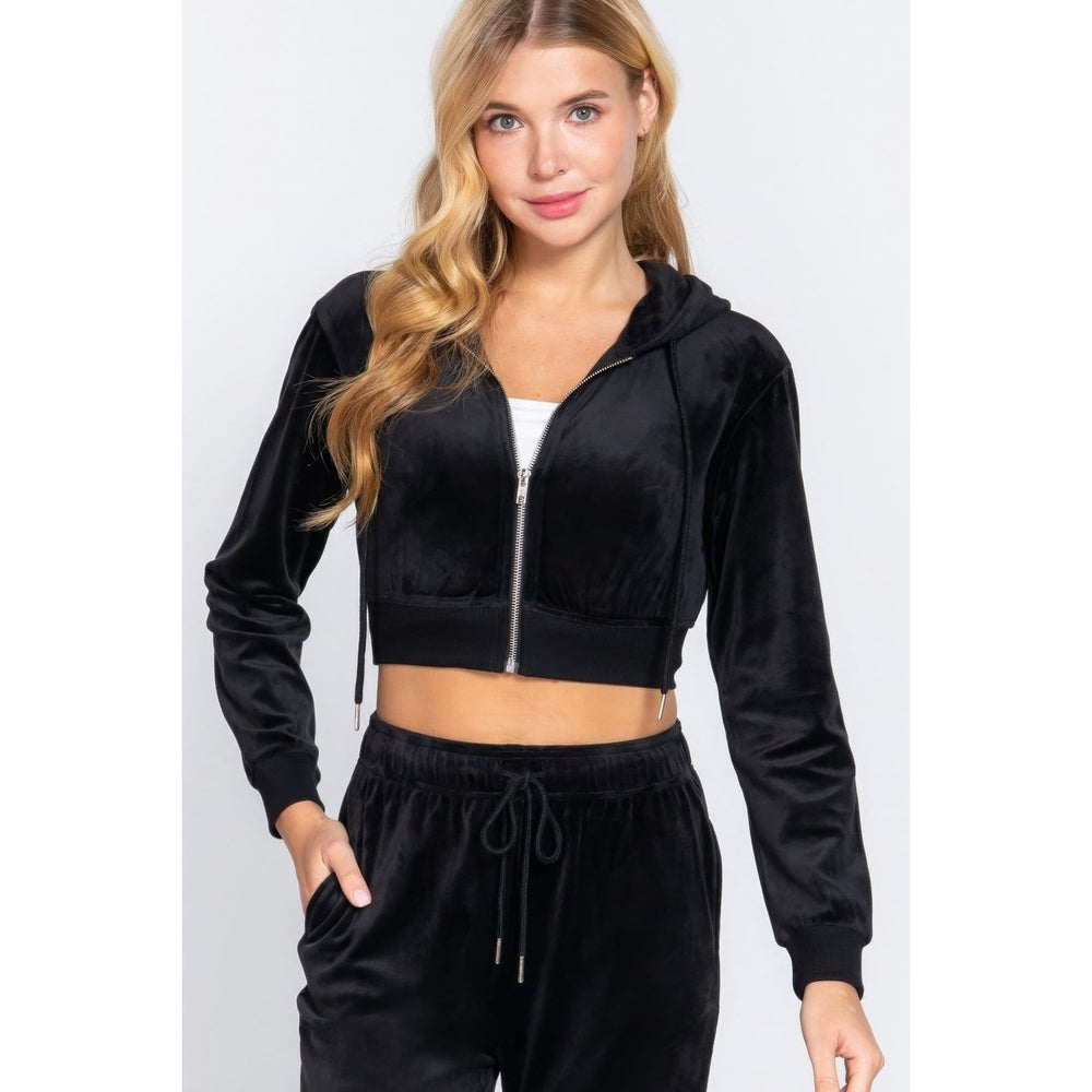 Long Slv Velour Hoodie Crop Jacket Image 2