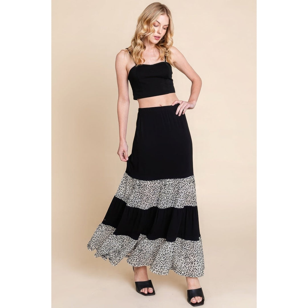 Long Tiered Contrast Fashion Skirt With Velvet Animal Print Mesh Image 1