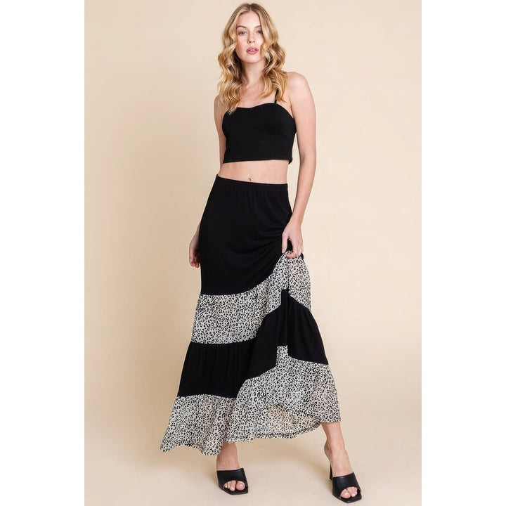 Long Tiered Contrast Fashion Skirt With Velvet Animal Print Mesh Image 2