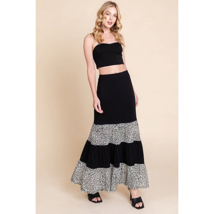 Long Tiered Contrast Fashion Skirt With Velvet Animal Print Mesh Image 3