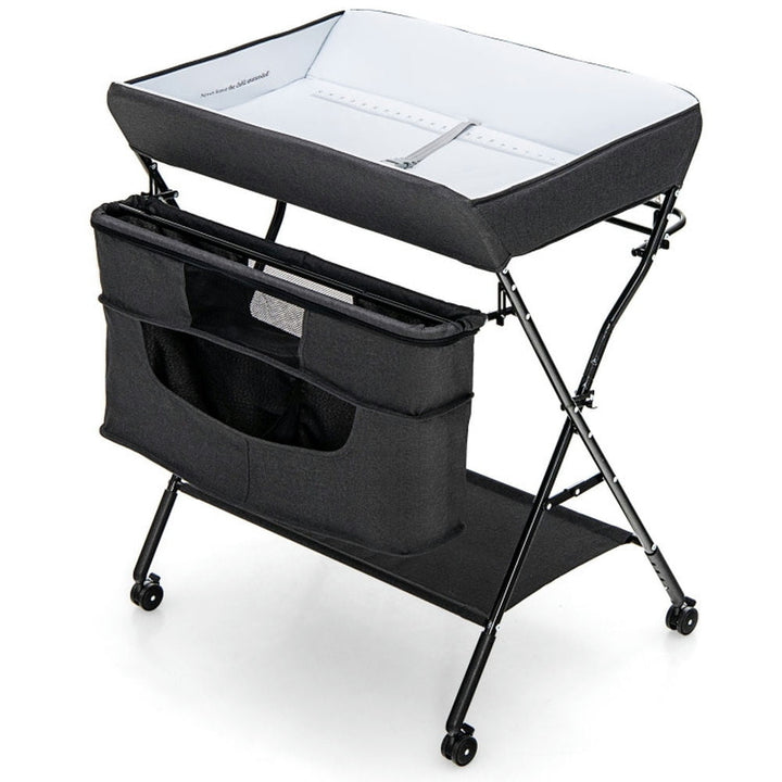 Hommoo Baby Changing Station,Diaper Table,Portable Adjustable Height Newborn Nursery Organizer with Wheel-Black Image 1