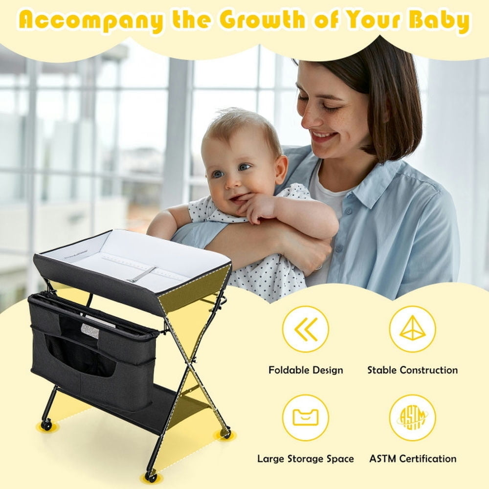 Hommoo Baby Changing Station,Diaper Table,Portable Adjustable Height Newborn Nursery Organizer with Wheel-Black Image 4