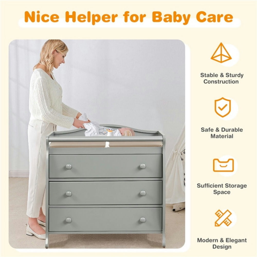 Hommoo Baby Changing Station,Diaper Table,Baby Changing Table Infant Diaper with 3 Drawers and Safety Belt-Gray Image 2