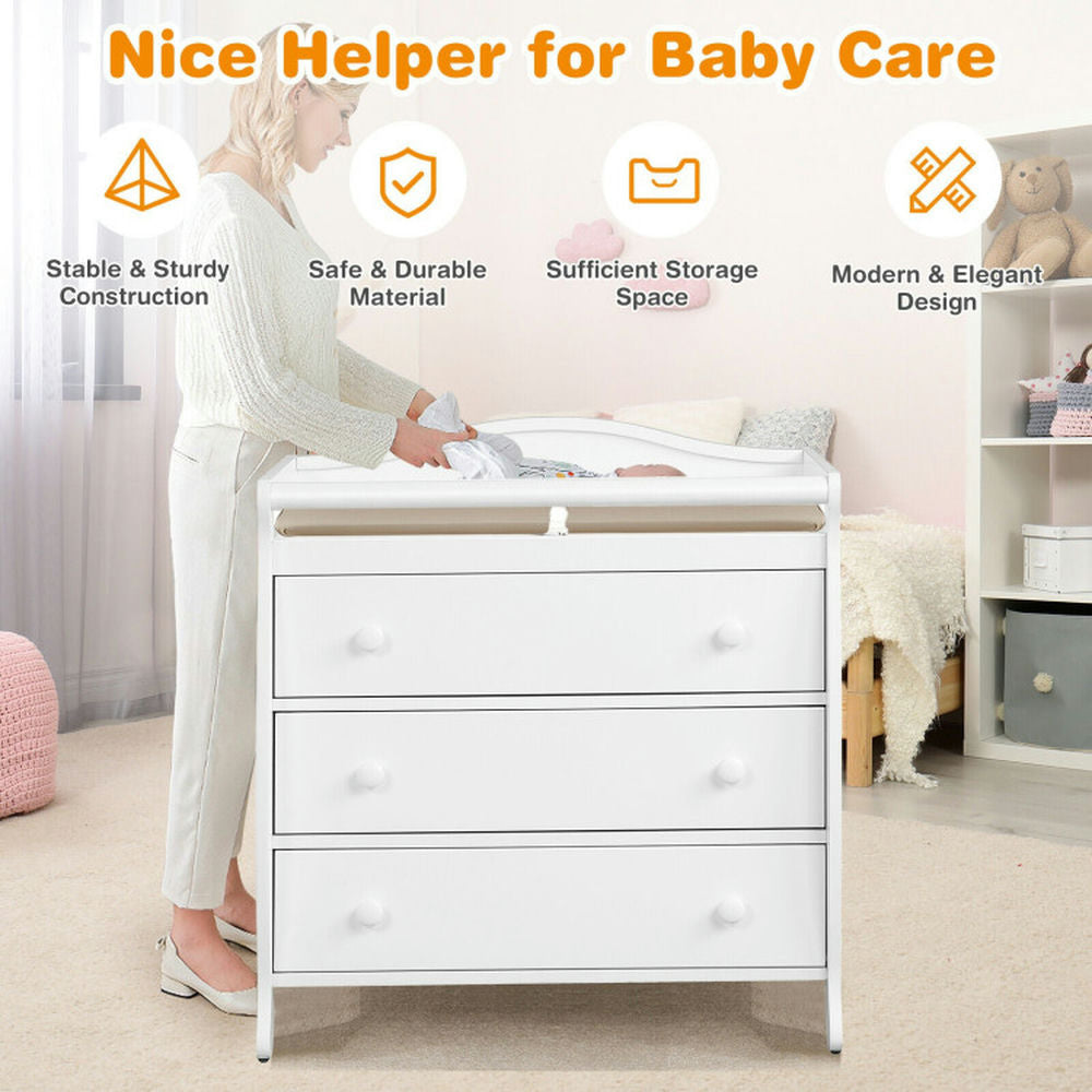 Hommoo Baby Changing Station,Diaper Table,Baby Changing Table Infant Diaper with 3 Drawers and Safety Belt-White Image 3