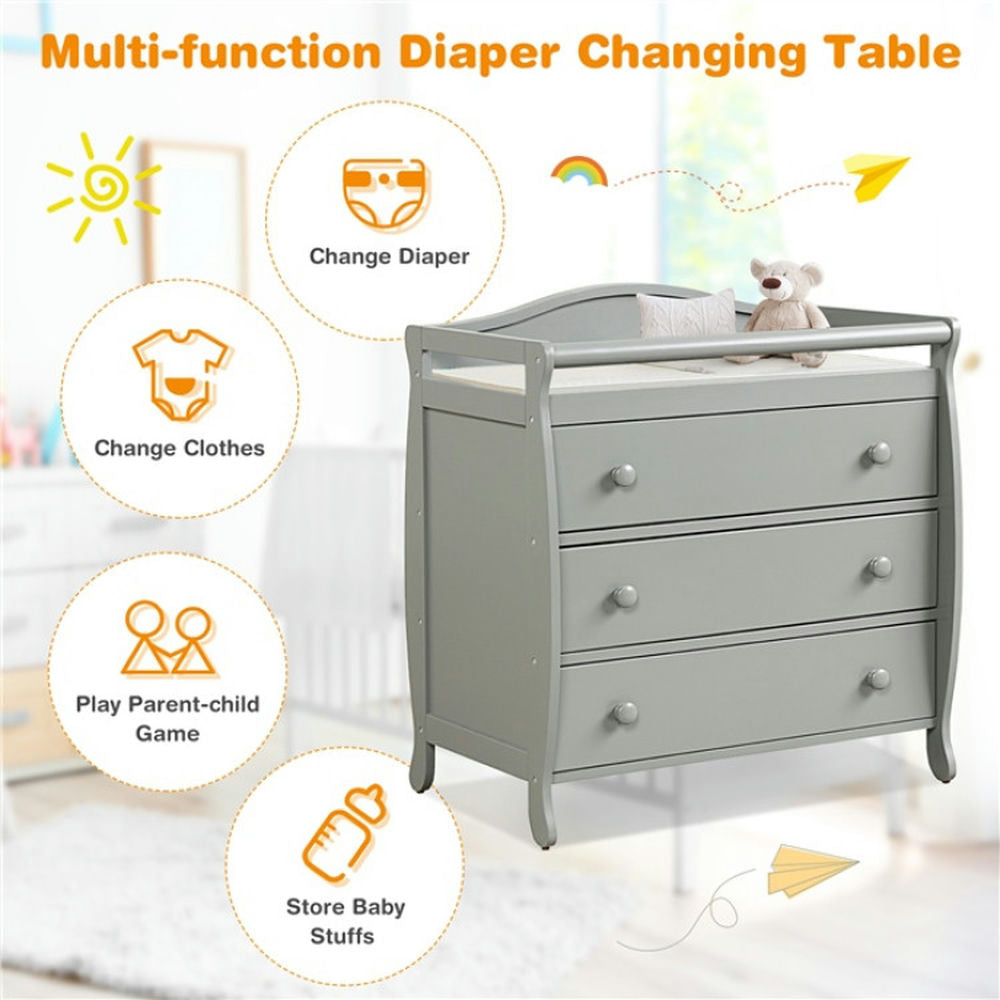 Hommoo Baby Changing Station,Diaper Table,Baby Changing Table Infant Diaper with 3 Drawers and Safety Belt-Gray Image 4