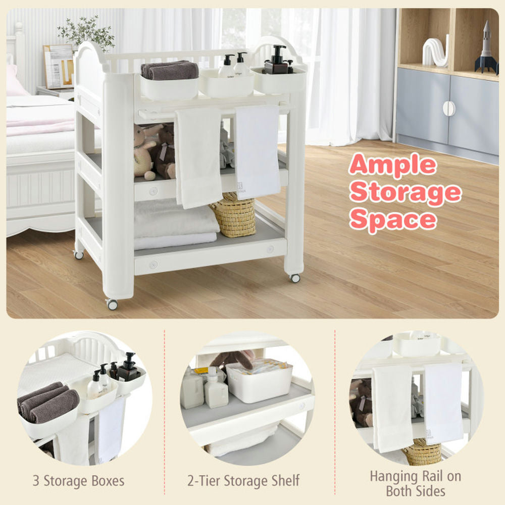 Hommoo Baby Changing Station,Diaper Table,Mobile Diaper Changing Station with Storage Shelves and Boxes-Beige Image 2