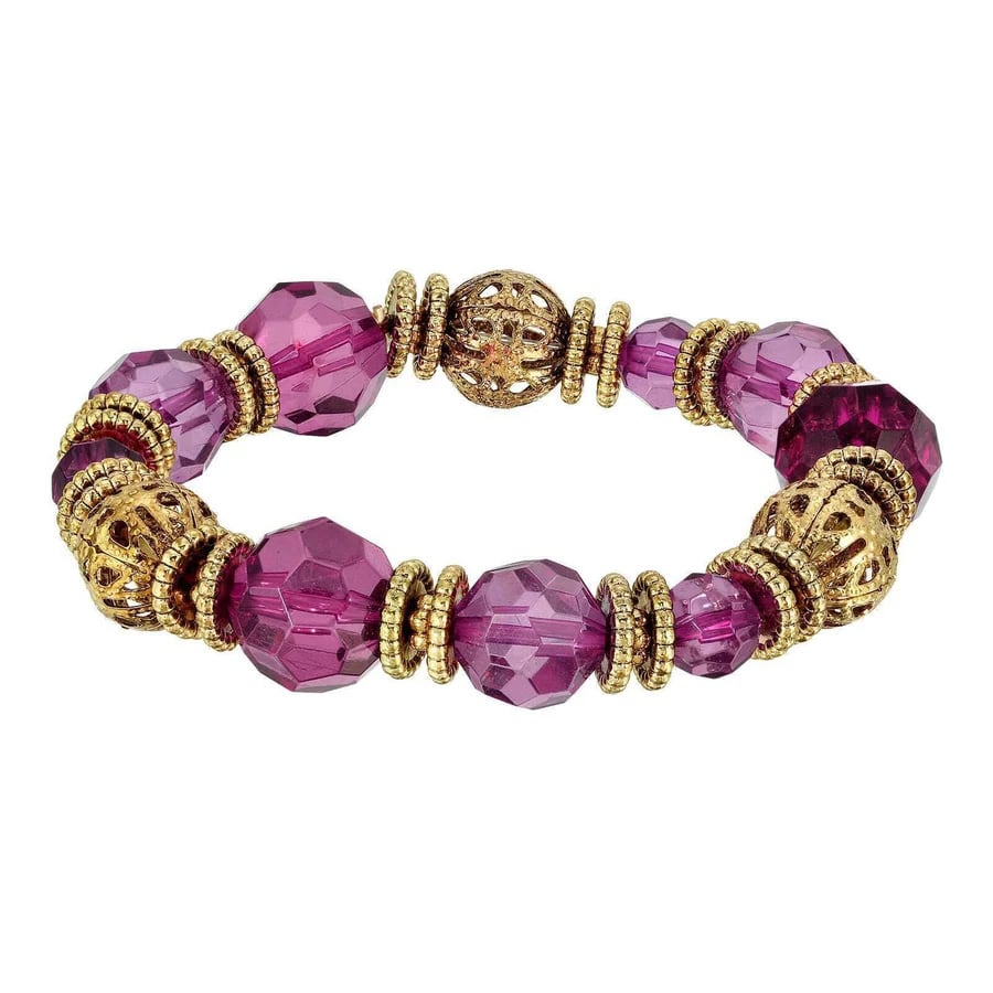 Womens Bracelet Fashion Jewelry Gold Filigree and Amethyst Purple Bead Stretch Bracelet Image 1