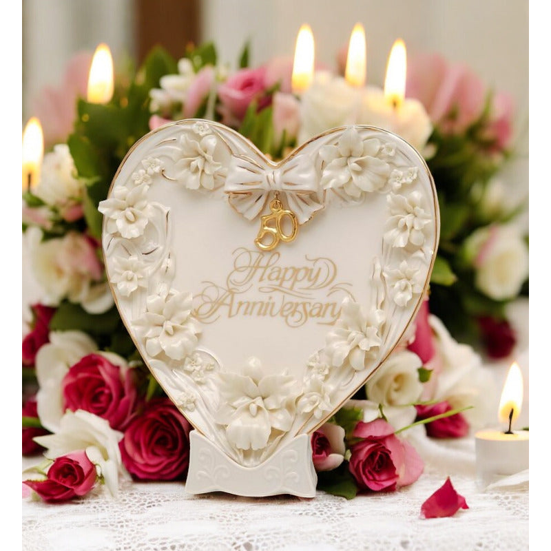 Ceramic 50th Wedding Anniversary - Orchid Flowers Heart Plate and Stand , Image 1