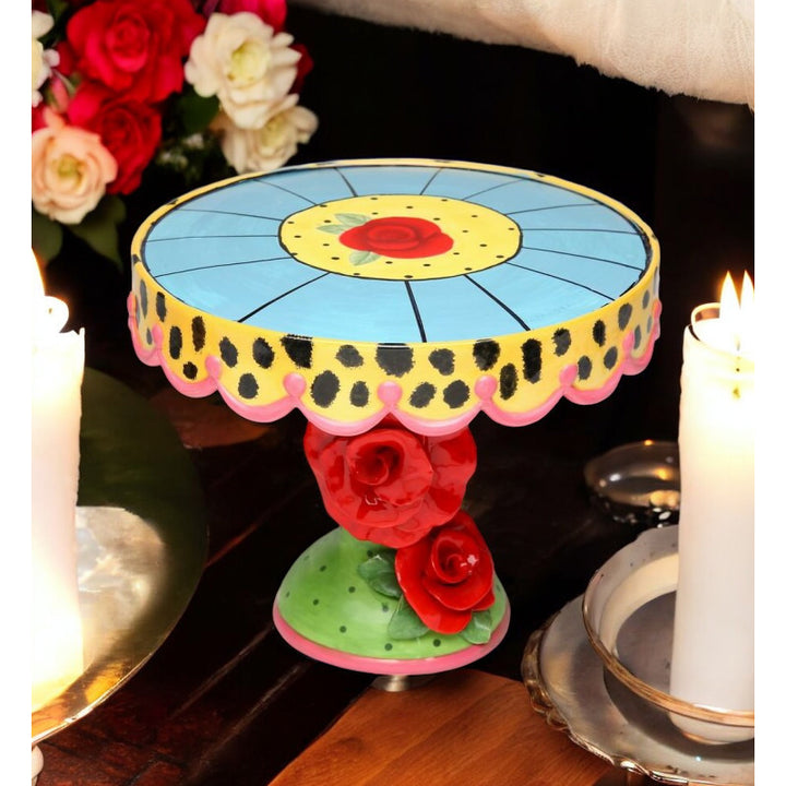 Ceramic Medium Cake Stand Leopard Print with Red Rose Flowers Birthday Party Decor , Image 1