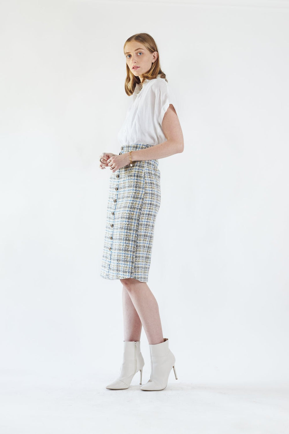 Luxe Plaid Tweed Pencil Skirt Image 2