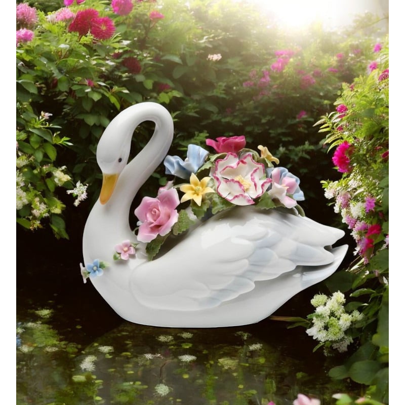 Ceramic Swan with Flowers Music Box Playing "Swan Lake"  , Image 1