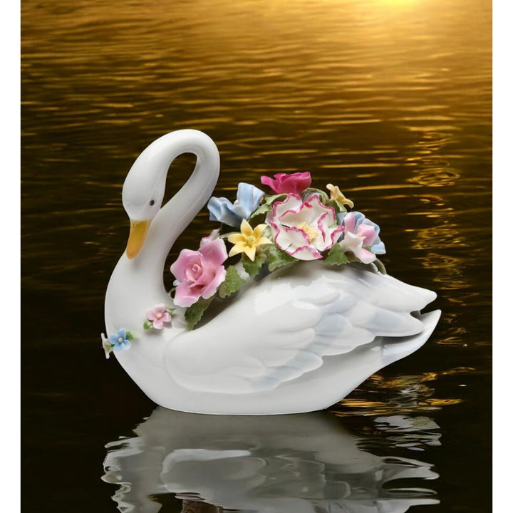 Ceramic Swan with Flowers Music Box Playing "Swan Lake"  , Image 2