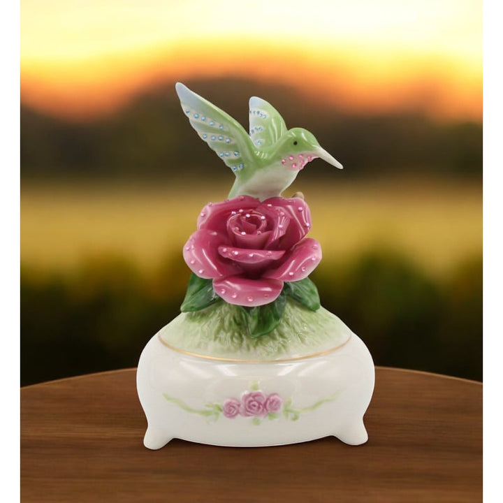 Ceramic Shimmering Hummingbird with Rose Flower Music Box Playing "faux Elise" Bird Watcher Gift, Image 1