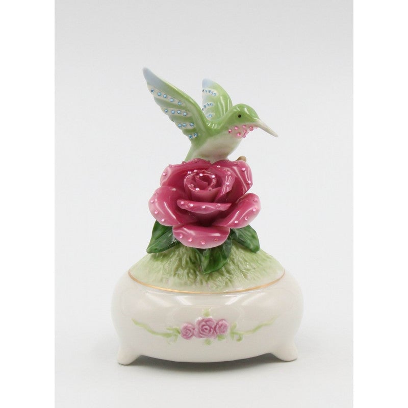 Ceramic Shimmering Hummingbird with Rose Flower Music Box Playing "faux Elise" Bird Watcher Gift, Image 2