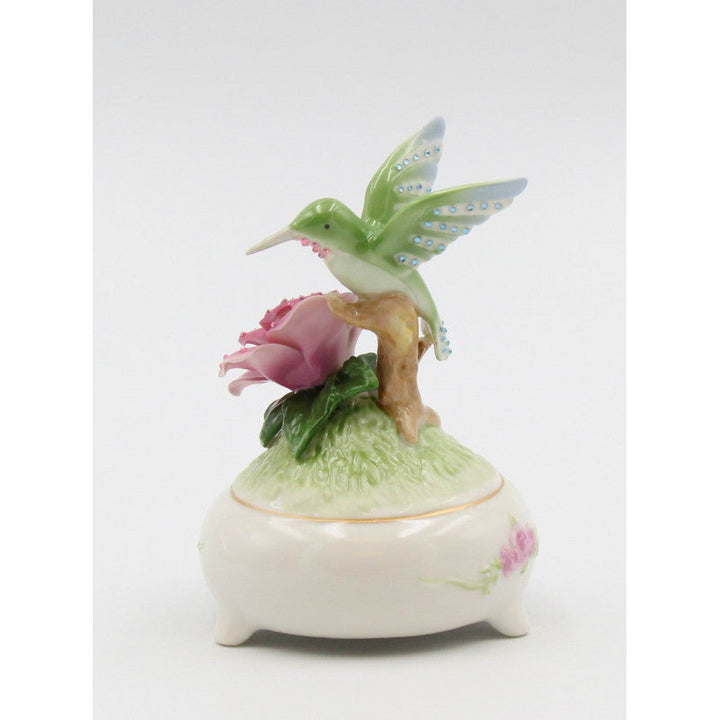 Ceramic Shimmering Hummingbird with Rose Flower Music Box Playing "faux Elise" Bird Watcher Gift, Image 3