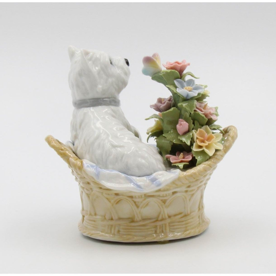 Ceramic West Terrier Dog Basket Music Box Playing "Youve Got A Friend" , Image 3