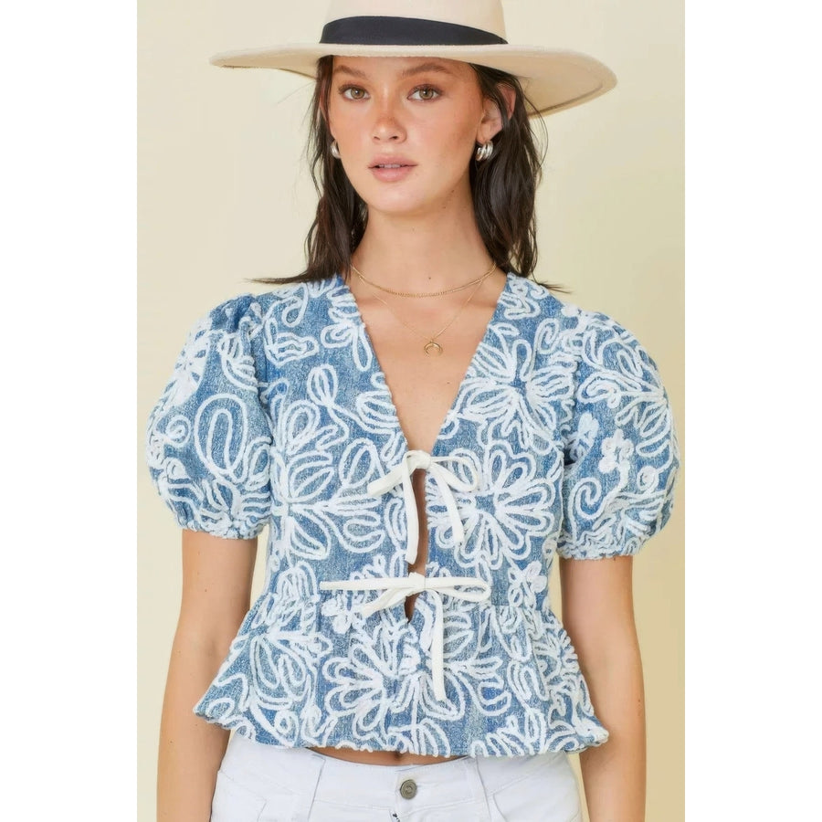 Denim Embroidered Crop Top With Front Tie Detail Image 1