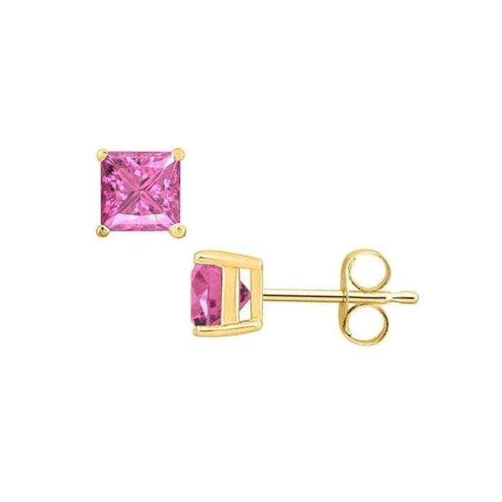 Paris Jewelry 14k Yellow Gold Pink Sapphire 3mm Princess Stud Earrings Image 1