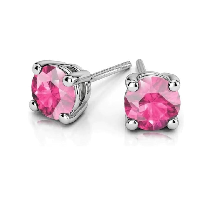 14k White Solid Gold Created Pink Sapphire Round Stud Earrings 4mm Image 1