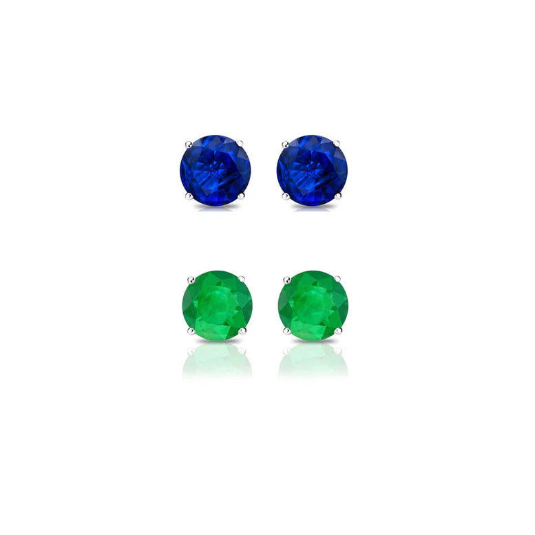 Paris Jewelry 18k White Gold 1Ct Created Blue Sapphire and Emerald 2 Pairs Round Stud Earrings Plated Image 1