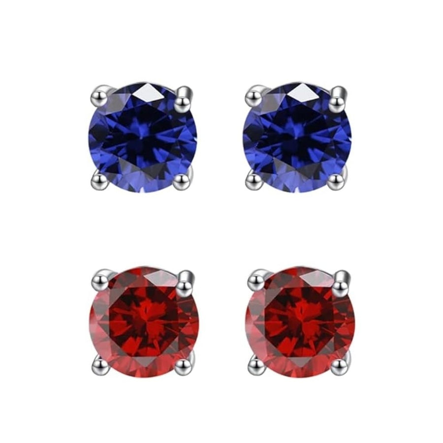 Paris Jewelry 18k White Gold 1Ct Created Blue Sapphire and Ruby 2 Pairs Round Stud Earrings Plated Image 1