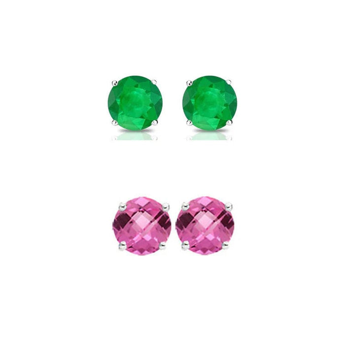 Paris Jewelry 18k White Gold 1Ct Created Emerald and Pink Sapphire 2 Pairs Round Stud Earrings Plated Image 1