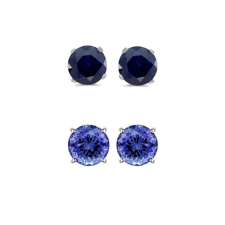 Paris Jewelry 18k White Gold 1Ct Created Black Sapphire and Tanzanite 2 Pairs Round Stud Earrings Plated Image 1