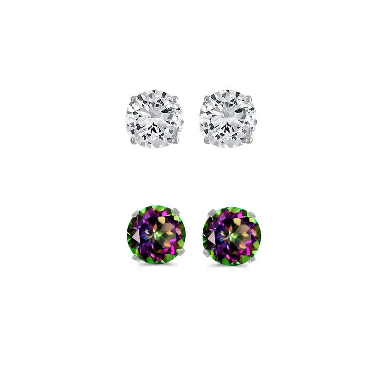 Paris Jewelry 18k White Gold 1Ct Created White Sapphire and Mystic Topaz 2 Pairs Round Stud Earrings Plated Image 1