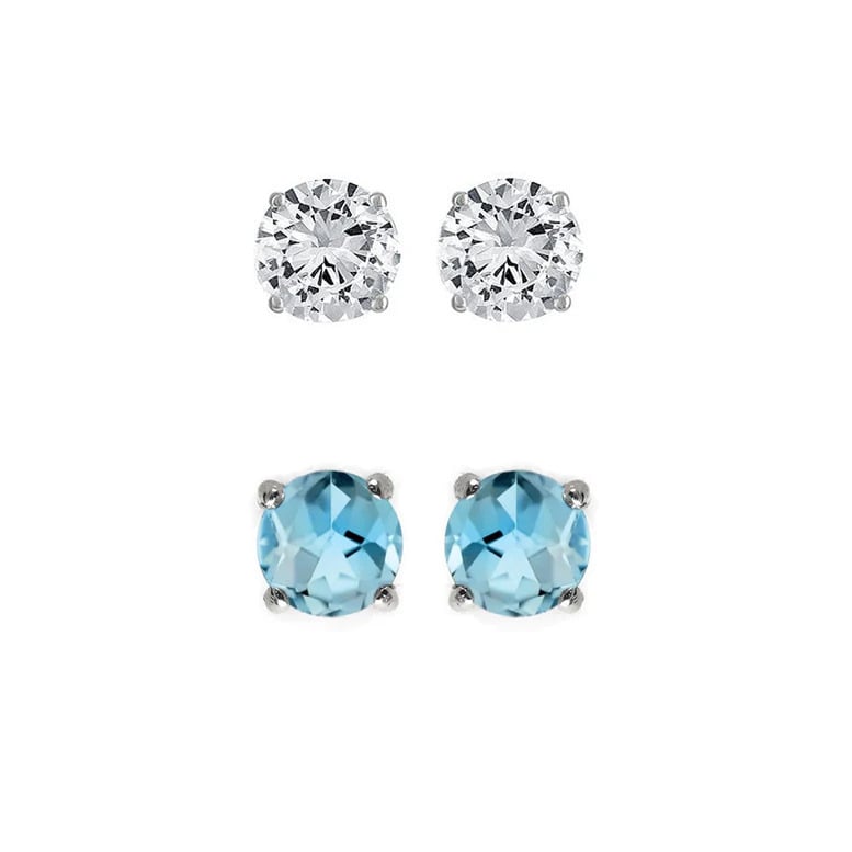 Paris Jewelry 18k White Gold 1Ct Created White Sapphire and Blue Topaz 2 Pairs Round Plated Stud Earrings Image 1