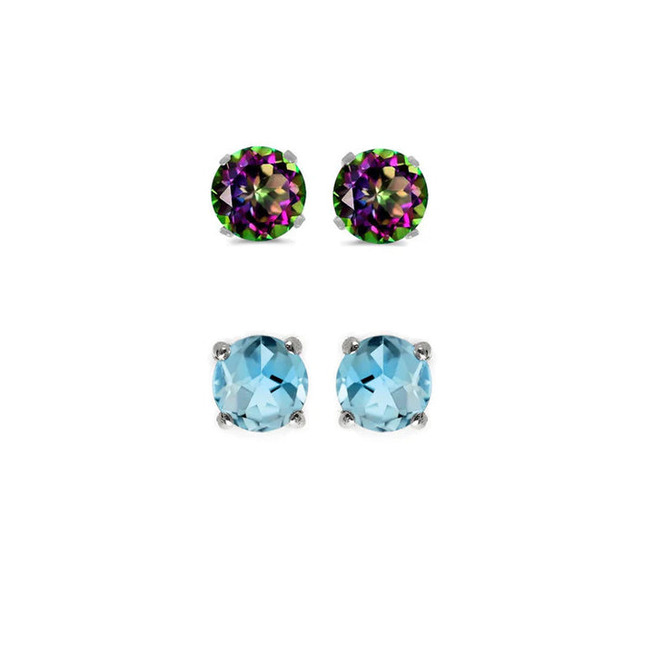 Paris Jewelry 18k White Gold 1Ct Created Mystic Topaz and Blue Topaz 2 Pairs Round Stud Earrings Plated Image 1